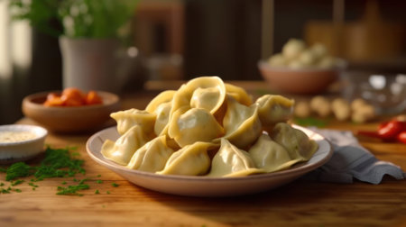 dumplings stuffed with spices and sauces on a wooden table. Homemade Polish Potato Pierogies. Generative AIの素材
