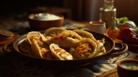 dumplings stuffed with spices and sauces on a wooden table. Homemade Polish Potato Pierogies. Generative AIの素材