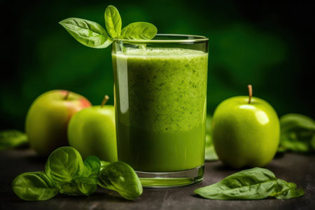 Healthy green smoothie in a glass with apples on a wooden background. generative ai.の素材