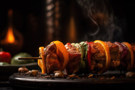 Meat kebab with vegetables and herbs on a wooden board against the background of fire. Generative AIの素材