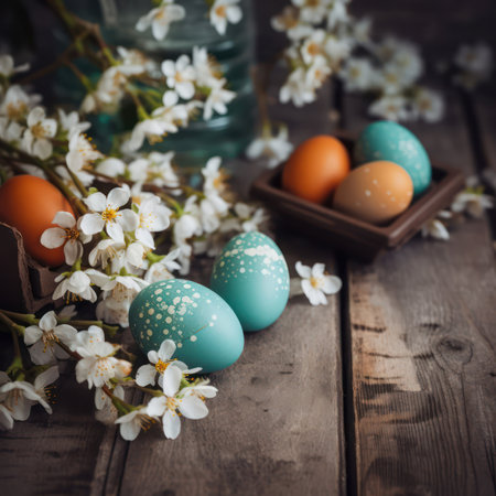 Congratulatory Easter background. Easter eggs on a wooden table and flowers.Generative AIの素材