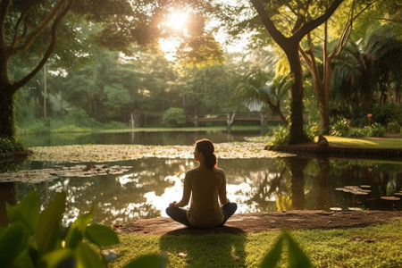 young woman meditates outdoors in the park. The concept of an attractive beautiful woman with an active lifestyle. Generative AIの素材