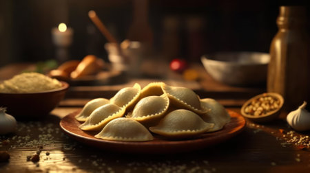 dumplings stuffed with spices and sauces on a wooden table. Homemade Polish Potato Pierogies. Generative AIの素材
