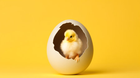 little yellow chicken in the shell on a yellow background.copy space. Generative AIの素材