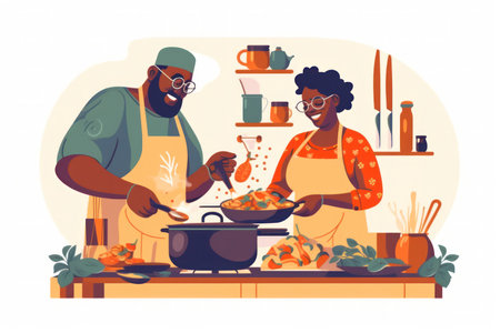 happy african american couple preparing food in the kitchen together.flat illustration.Generative AIの素材