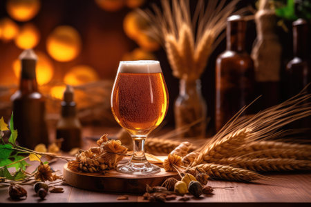 Mug of beer with wheat, barley and barrels on background. Still life. Copy space. Ai generated. Generative AIの素材