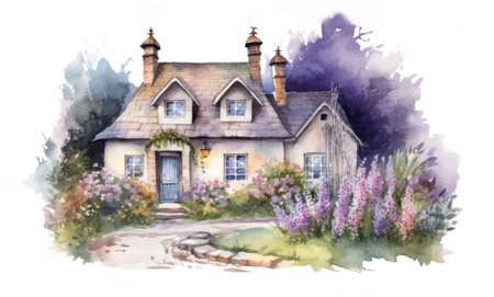 Watercolor fairy tale house overgrown with large lavender flowers and field herbs. copy space. illustration for postcard or book. Generative AIの素材