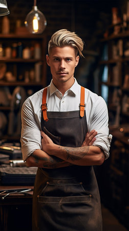 portrait of a stylish young specialist furrier at the workplace in the workshop. Generative AIの素材