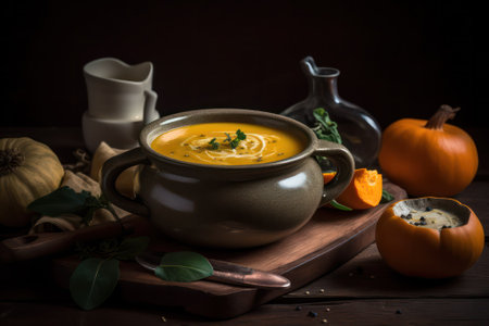 Pumpkin soup with cream, parsley, croutons and pumpkin seeds on a dark background. Generative AIの素材