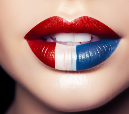 Beautiful female lips painted in the colors of the English flag on a black background, close-up.social media content for beauty salons.Generative AIの素材