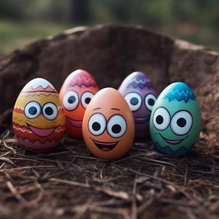 emotional colorful eggs on a wooden table. painted eggs with digital face elements eyes smile mouth characters. Generative AIの素材