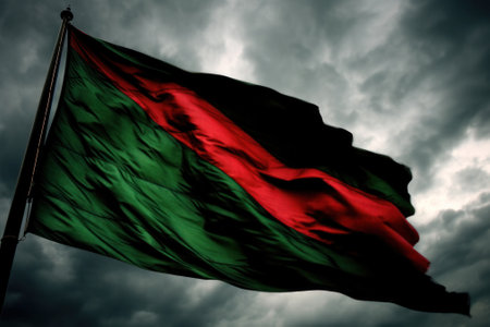 red black green flag fluttering in the wind against the sky. Flag Africans silk. Generative AIの素材