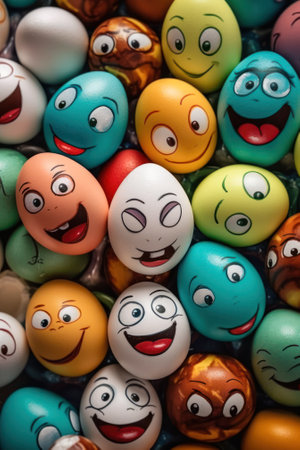 background emotional Colorful eggs. illustration painted eggs with digital face elements eyes smile mouth characters.Generative AIの素材