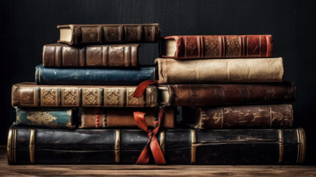 Lots of old leather-bound books in one stack on a dark background. Place for text. Design element, paper and leather texture. books close-up. education and training concept.Generative AIの素材