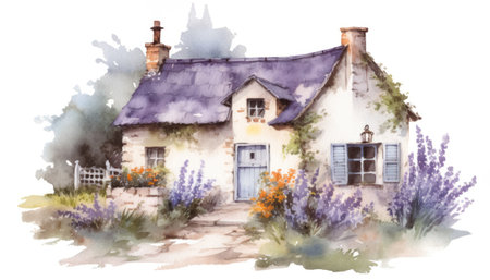 Watercolor fairy tale house overgrown with large lavender flowers and field herbs. copy space. illustration for postcard or book. Generative AIの素材