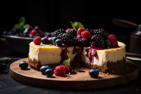 Cheesecake with chocolate and fresh berries, a gourmet summer treat. Generative AIの素材