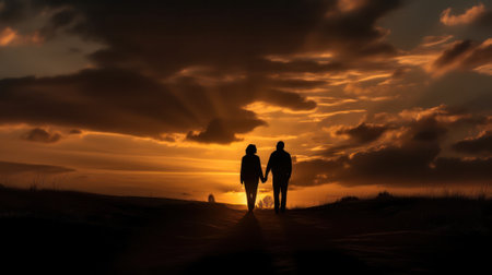 silhouettes couple holding hands at sunset. Generative AIの素材