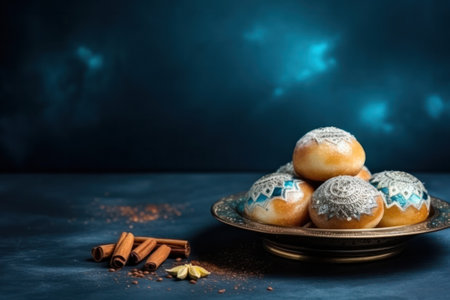 oriental sweets on blue background .copy space. Generative AIの素材