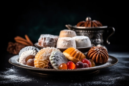 oriental sweets on dark background .copy space. Generative AIの素材