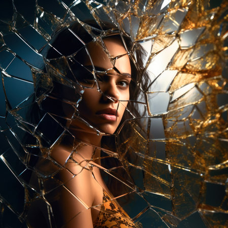 reflection of a young woman in a cracked broken mirror. concept of loneliness and broken feelings.Generative AIの素材