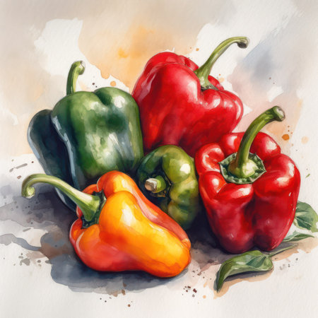 ed yellow green bell pepper. food background in watercolor style.Generative AIの素材