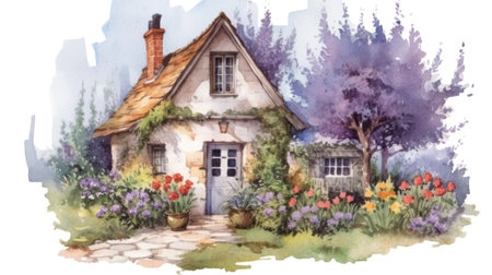 Watercolor fairy tale house overgrown with large lavender flowers and field herbs. copy space. illustration for postcard or book. Generative AIの素材