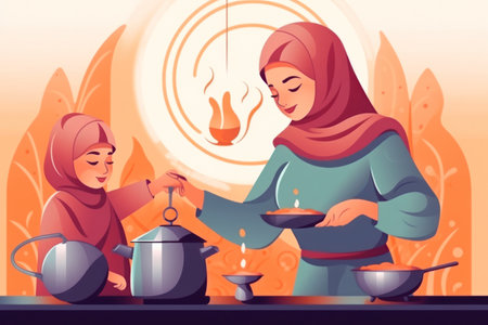 happy family mother and daughter preparing food in the kitchen together flat illustration.Generative AIの素材