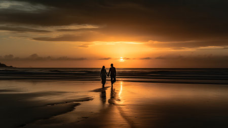 silhouettes of a happy couple holding hands on the seashore at sunset. Generative AIの素材