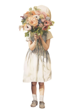 the girl shyly covered her face with a bouquet of flowers on a white background hand-drawn in watercolor. postcard congratulation. Generative AIの素材