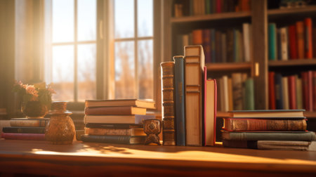 vintage books on a wooden table in a library or office.Generative AIの素材