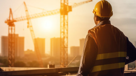 builder or foreman in hardhat and life jacket at construction site with crane and sun flare. Generative AIの素材