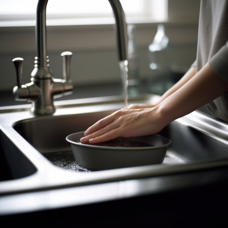 Close up hands of housewife washing dishes in at the kitchen sink.Generative AIの素材