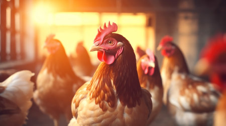 chickens in a chicken coop at a poultry farm. Generative AIの素材