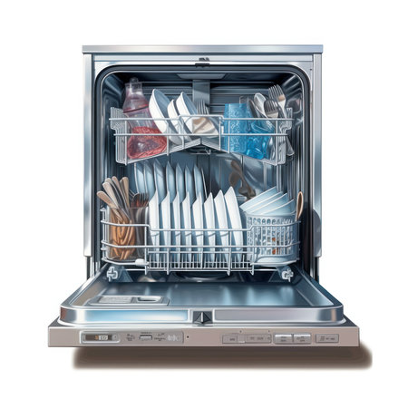 dishwasher filled with dishes in the kitchen on a white background. Kitchen appliances, lifestyle.Generative AIの素材
