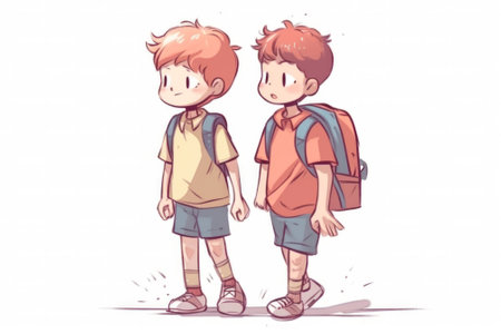 two schoolboy friends with backpacks on a light background. Back to school. Generative AIの素材