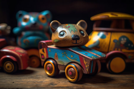 handmade wooden toys painted with patterns on a wooden table. folk art crafts. generative Ai,の素材