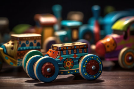 handmade wooden toys painted with patterns on a wooden table. folk art crafts. generative Ai,の素材