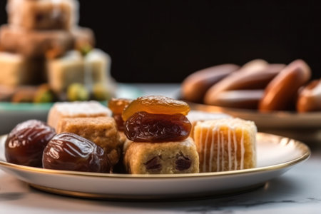 close-up oriental sweets on a plate. Generative AIの素材