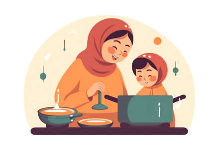 happy family mother and daughter preparing food in the kitchen together flat illustration.Generative AIの素材