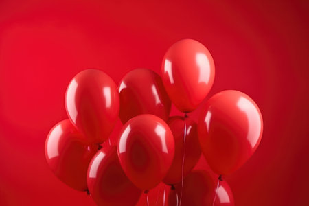red helium balloons on red background with copy space. for birthday, happiness and holiday concept.の素材