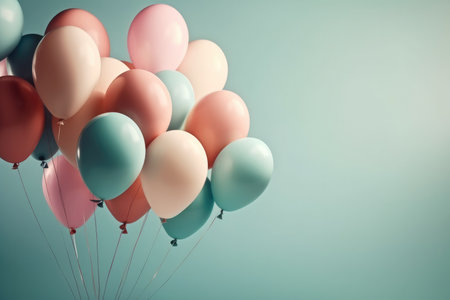pastel helium balloons on pastel background with copy space. for birthday, happiness and holiday concept.の素材
