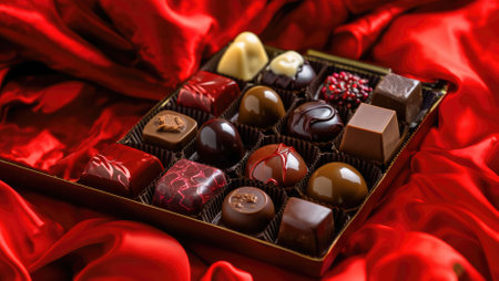 Assorted chocolates from different types of chocolate on red silk, sweet food background.Generative AIの素材