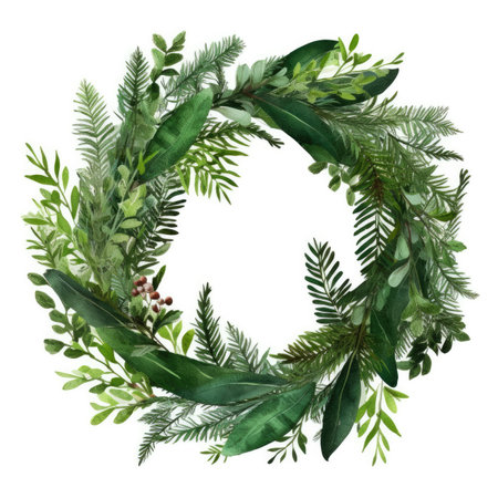 wreath of their green branches and plant stems with leaves isolated on white backgroundの素材