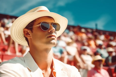 young beautiful man in glasses and a hat and a white dress with strawberries at a tennis tournament on a sunny day. Strawberries are the food symbol of the Wimbledon Grand Slam competitions.の素材