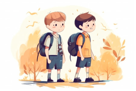 two schoolboy friends with backpacks on a light background. Back to school. Generative AIの素材