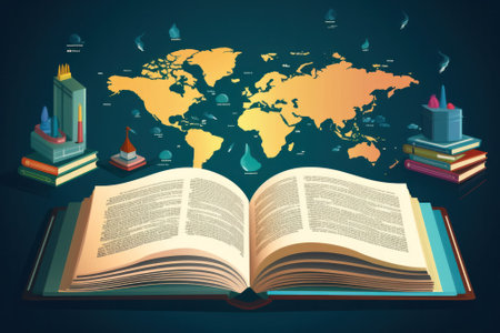 world map over open book.flat illustration. Generative AIの素材