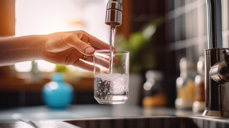 pour water into a glass from the tap. Clean drinking water: filling a glass cup from a kitchen faucet.の素材