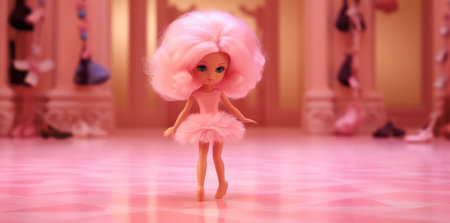 little doll in a pink dress with pink hair in a pink ballroom.の素材