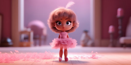 little doll in a pink dress with pink hair in a pink ballroom.の素材