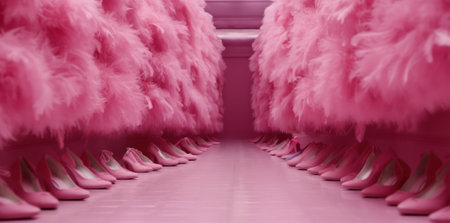 elegant womens shoes and fur theatrical clothes in a pink dressing room interior. dolly styleの素材